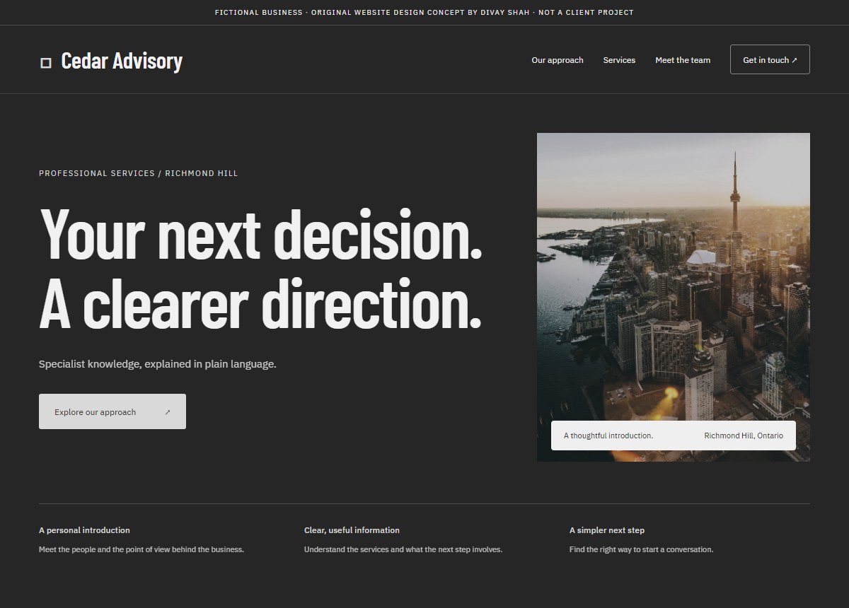 Original professional services website design concept for the fictional Cedar Advisory brand in Richmond Hill