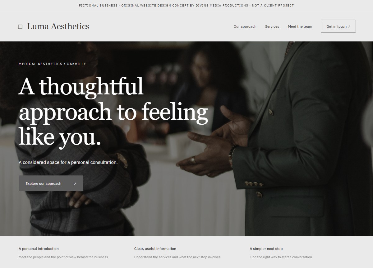 Original medical aesthetics website design concept for the fictional Luma Aesthetics brand in Oakville
