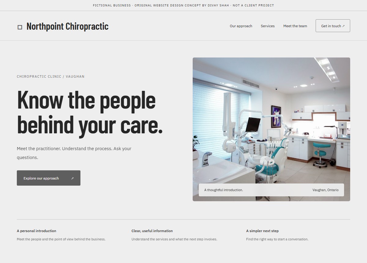 Original chiropractic clinic website design concept for the fictional Northpoint Chiropractic brand in Vaughan